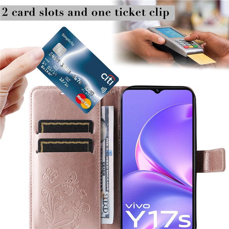 KT Imprinting Flower Series-2 For vivo Y17s 4G Leather Case Wallet Cover Butterfly Pattern - Rose Gold