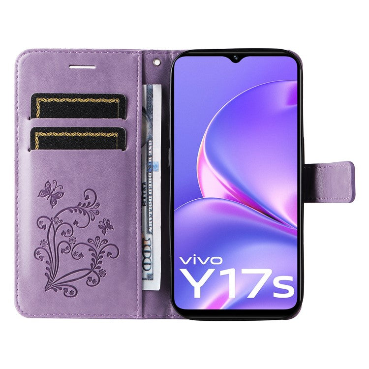 KT Imprinting Flower Series-2 For vivo Y17s 4G Leather Case Wallet Cover Butterfly Pattern - Purple