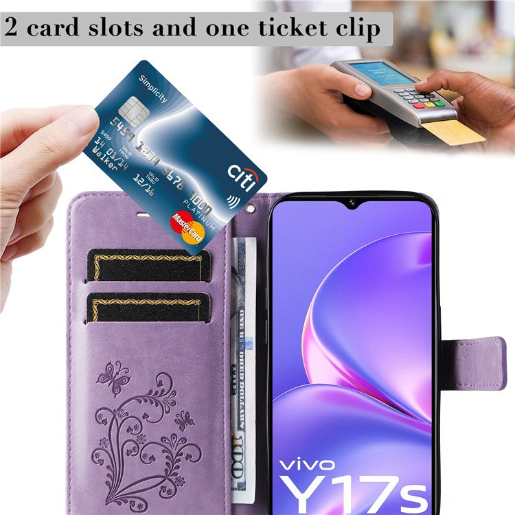 KT Imprinting Flower Series-2 For vivo Y17s 4G Leather Case Wallet Cover Butterfly Pattern - Purple