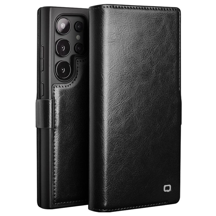 QIALINO For Samsung Galaxy S24 Ultra Wallet Case Genuine Cow Leather Folio Flip Cover - Black