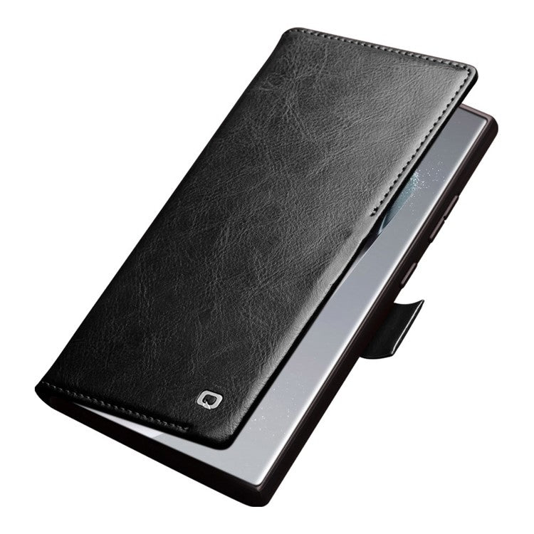 QIALINO For Samsung Galaxy S24 Ultra Wallet Case Genuine Cow Leather Folio Flip Cover - Black