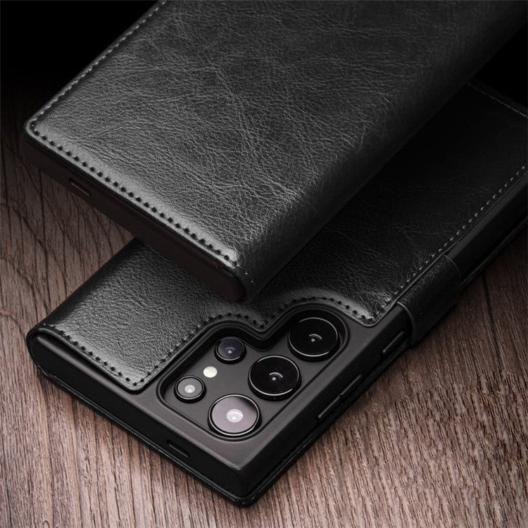 QIALINO For Samsung Galaxy S24 Ultra Wallet Case Genuine Cow Leather Folio Flip Cover - Black