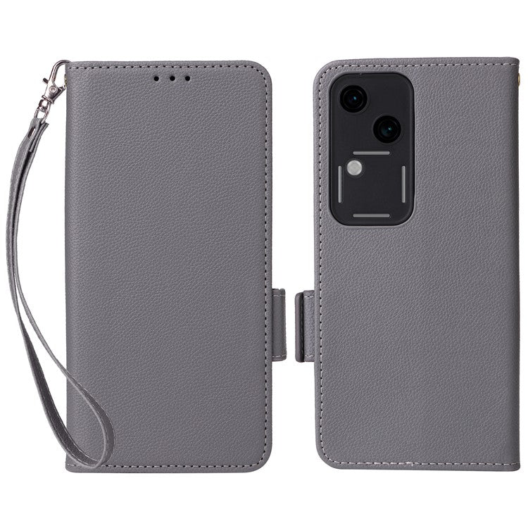 For vivo S18 5G / V30 Case PU Leather+TPU Phone Stand Cover with Hand Strap - Grey