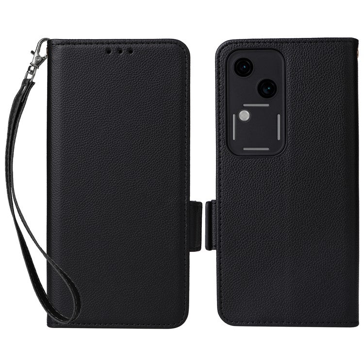 For vivo S18 5G / V30 Case PU Leather+TPU Phone Stand Cover with Hand Strap - Black