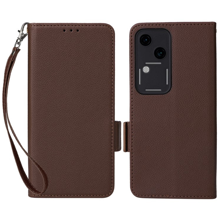 For vivo S18 5G / V30 Case PU Leather+TPU Phone Stand Cover with Hand Strap - Brown