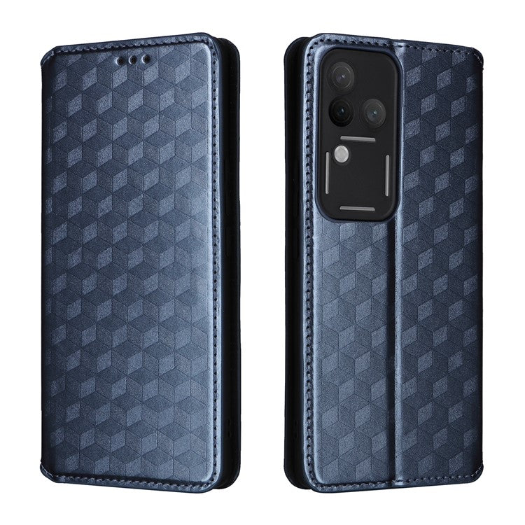 For vivo S18 Pro 5G / V30 Pro 5G Magnetic Case 3D Rhombus Imprinted Leather Wallet Cover - Blue