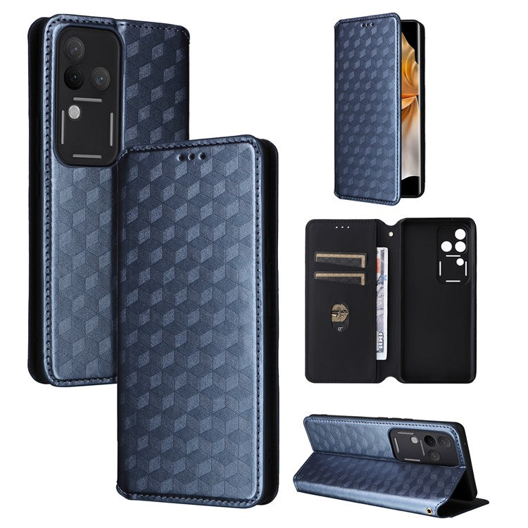 For vivo S18 Pro 5G / V30 Pro 5G Magnetic Case 3D Rhombus Imprinted Leather Wallet Cover - Blue