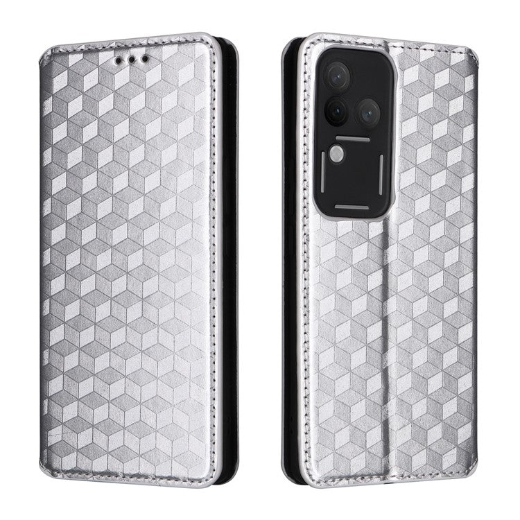 For vivo S18 Pro 5G / V30 Pro 5G Magnetic Case 3D Rhombus Imprinted Leather Wallet Cover - Silver