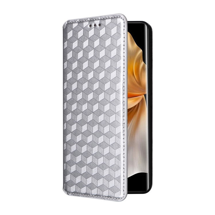 For vivo S18 Pro 5G / V30 Pro 5G Magnetic Case 3D Rhombus Imprinted Leather Wallet Cover - Silver