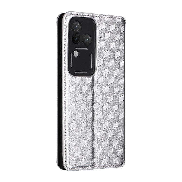 For vivo S18 Pro 5G / V30 Pro 5G Magnetic Case 3D Rhombus Imprinted Leather Wallet Cover - Silver