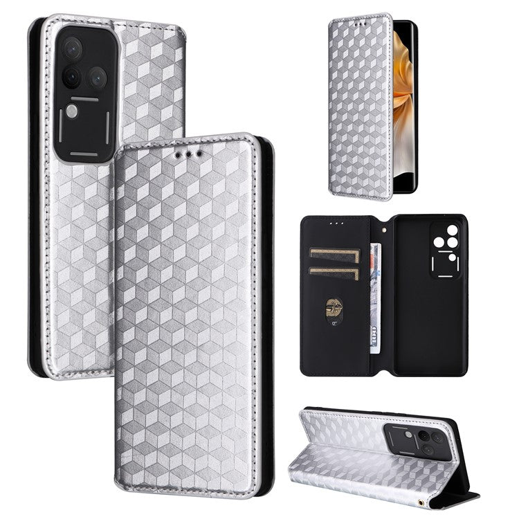 For vivo S18 Pro 5G / V30 Pro 5G Magnetic Case 3D Rhombus Imprinted Leather Wallet Cover - Silver