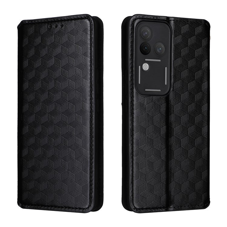 For vivo S18 Pro 5G / V30 Pro 5G Magnetic Case 3D Rhombus Imprinted Leather Wallet Cover - Black