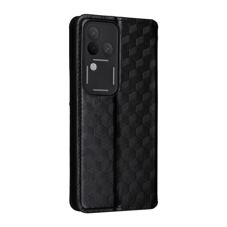 For vivo S18 Pro 5G / V30 Pro 5G Magnetic Case 3D Rhombus Imprinted Leather Wallet Cover - Black