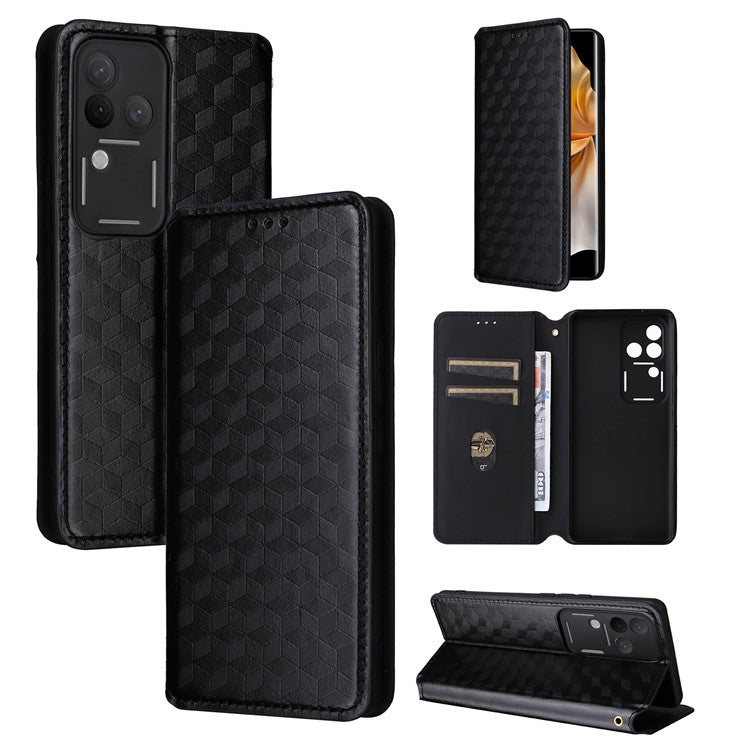 For vivo S18 Pro 5G / V30 Pro 5G Magnetic Case 3D Rhombus Imprinted Leather Wallet Cover - Black