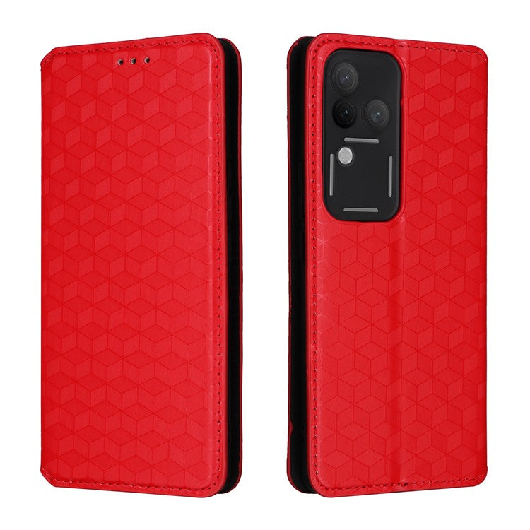 For vivo S18 Pro 5G / V30 Pro 5G Magnetic Case 3D Rhombus Imprinted Leather Wallet Cover - Red