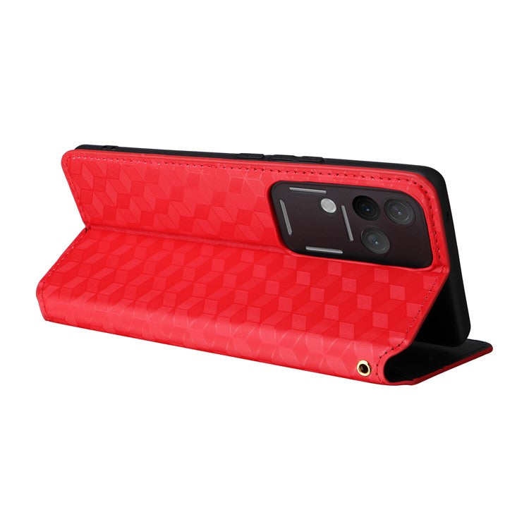 For vivo S18 Pro 5G / V30 Pro 5G Magnetic Case 3D Rhombus Imprinted Leather Wallet Cover - Red