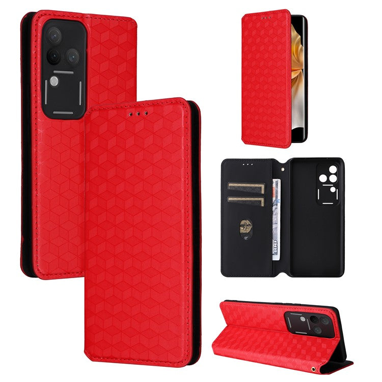 For vivo S18 Pro 5G / V30 Pro 5G Magnetic Case 3D Rhombus Imprinted Leather Wallet Cover - Red