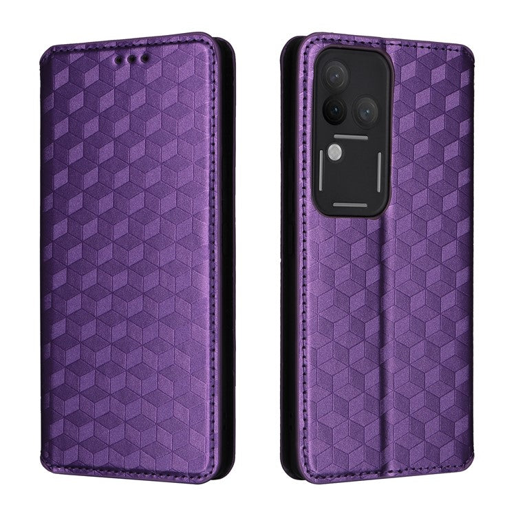 For vivo S18 Pro 5G / V30 Pro 5G Magnetic Case 3D Rhombus Imprinted Leather Wallet Cover - Purple