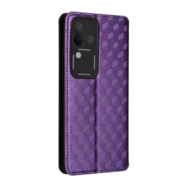 For vivo S18 Pro 5G / V30 Pro 5G Magnetic Case 3D Rhombus Imprinted Leather Wallet Cover - Purple