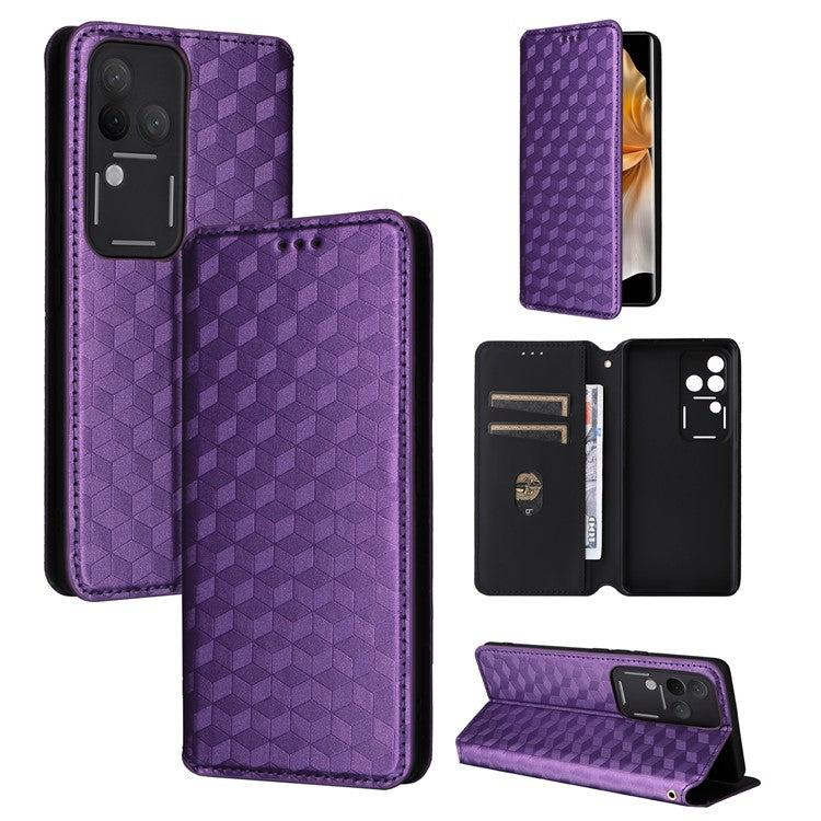 For vivo S18 Pro 5G / V30 Pro 5G Magnetic Case 3D Rhombus Imprinted Leather Wallet Cover - Purple