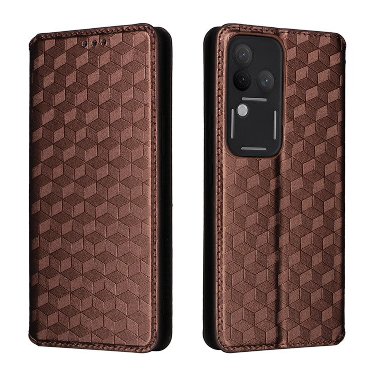 For vivo S18 Pro 5G / V30 Pro 5G Magnetic Case 3D Rhombus Imprinted Leather Wallet Cover - Brown