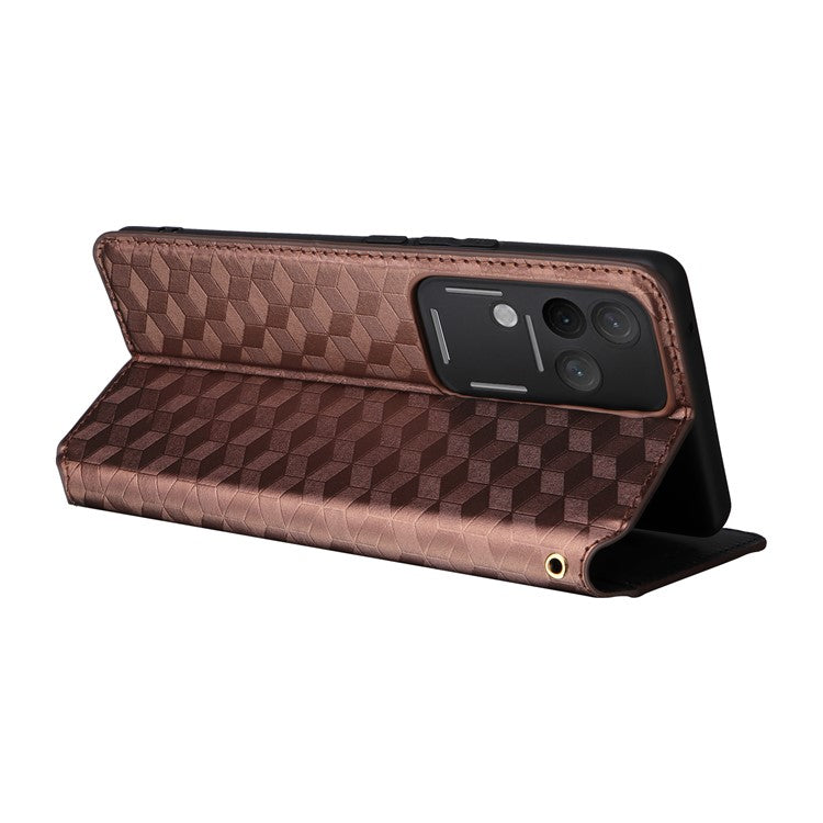 For vivo S18 Pro 5G / V30 Pro 5G Magnetic Case 3D Rhombus Imprinted Leather Wallet Cover - Brown