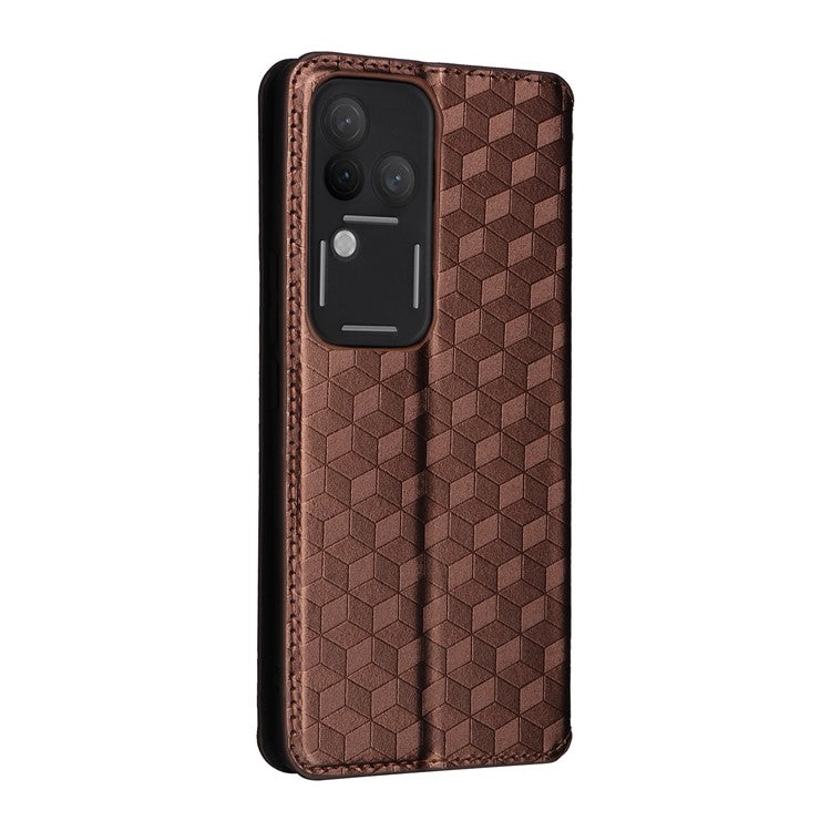 For vivo S18 Pro 5G / V30 Pro 5G Magnetic Case 3D Rhombus Imprinted Leather Wallet Cover - Brown