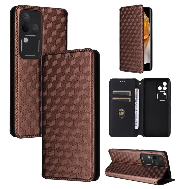 For vivo S18 Pro 5G / V30 Pro 5G Magnetic Case 3D Rhombus Imprinted Leather Wallet Cover - Brown