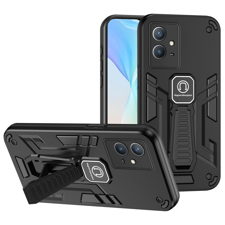 For vivo Y33s / T1x 4G Phone Case Drop Protective Cover with Built-in Kickstand - Black