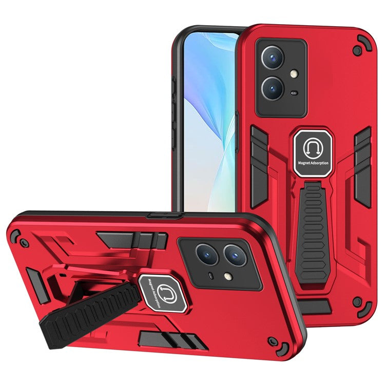 For vivo Y33s / T1x 4G Phone Case Drop Protective Cover with Built-in Kickstand - Red