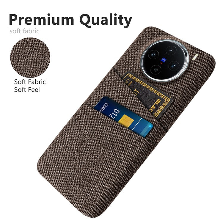 For vivo X100 5G Case Dual Card Slots Hard PC+Cloth Phone Cover - Brown