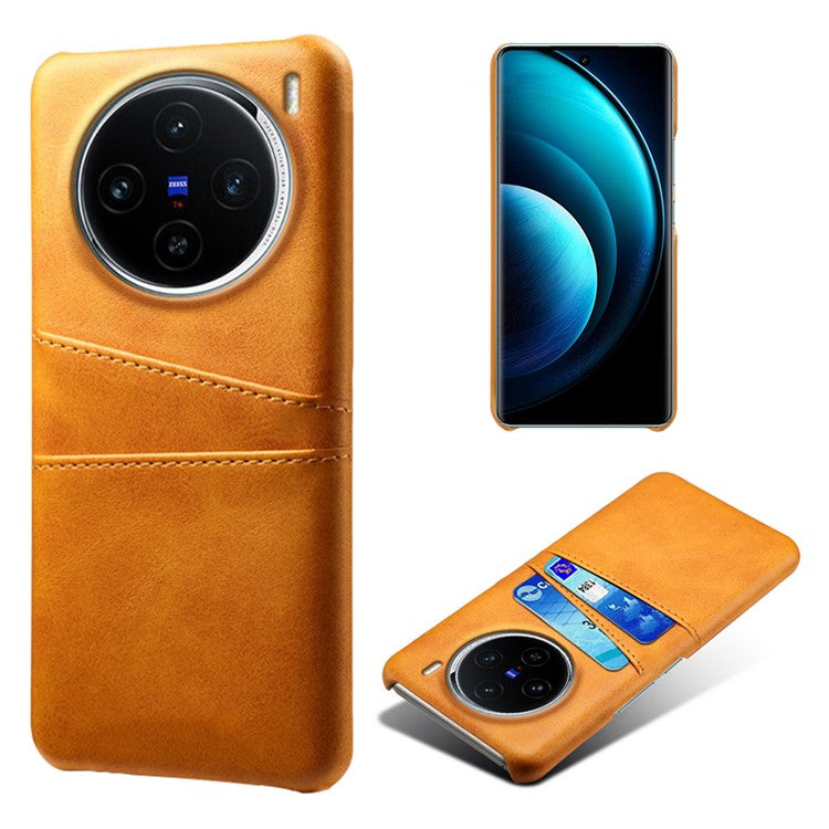 For vivo X100 5G Phone Case Leather Coated PC Cover with Dual Card Holder - Orange