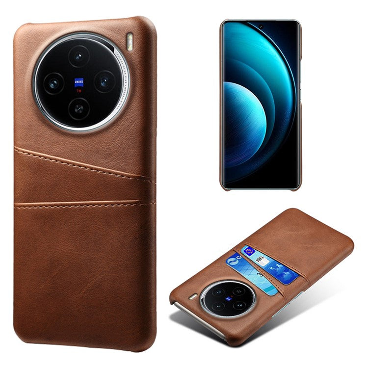 For vivo X100 5G Phone Case Leather Coated PC Cover with Dual Card Holder - Brown