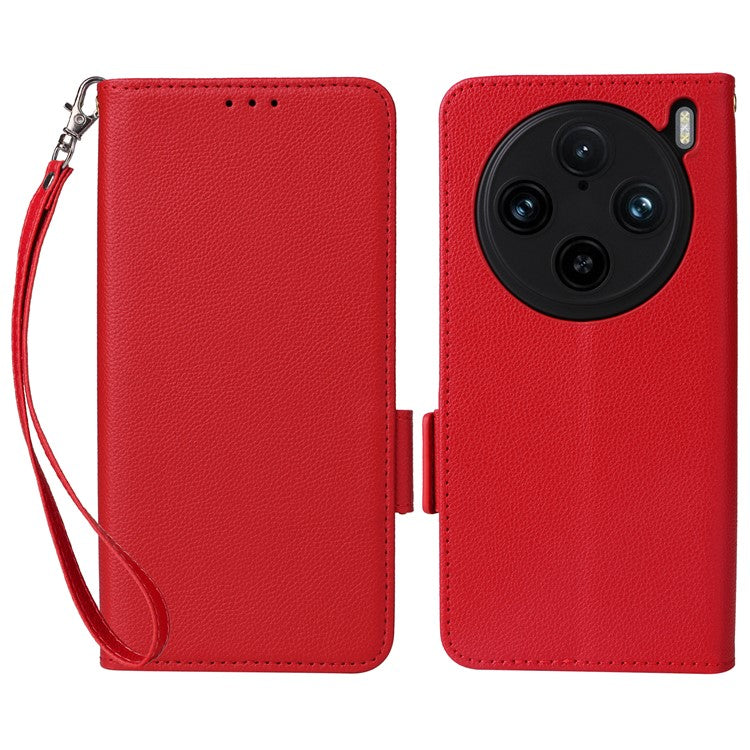 For vivo X100 Pro 5G  Case Card Slots Shockproof Phone Cover with Litchi Texture - Red