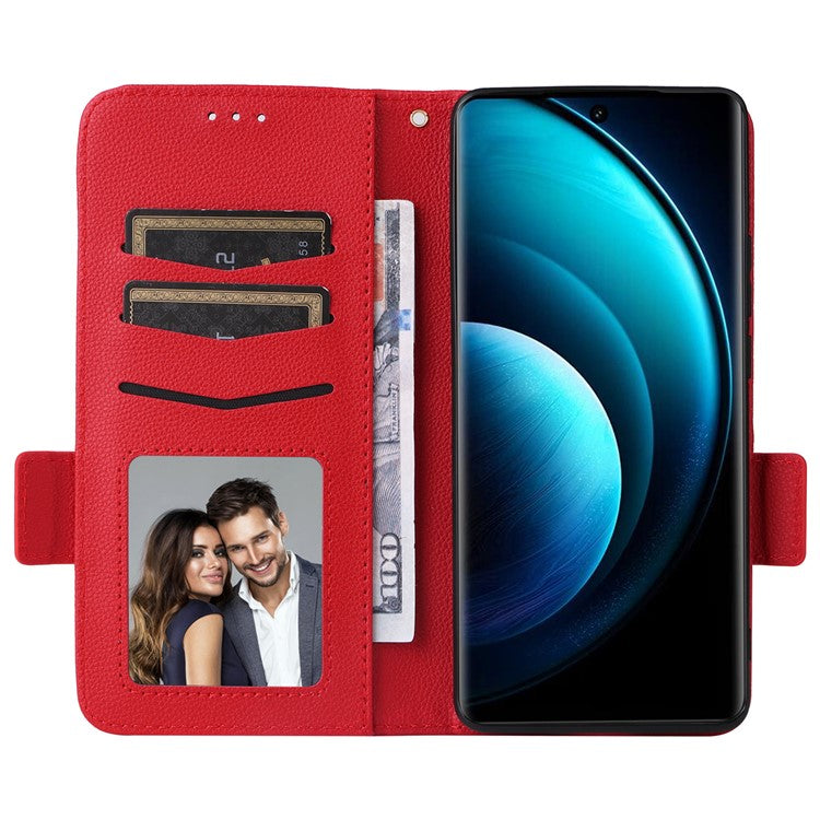 For vivo X100 Pro 5G  Case Card Slots Shockproof Phone Cover with Litchi Texture - Red