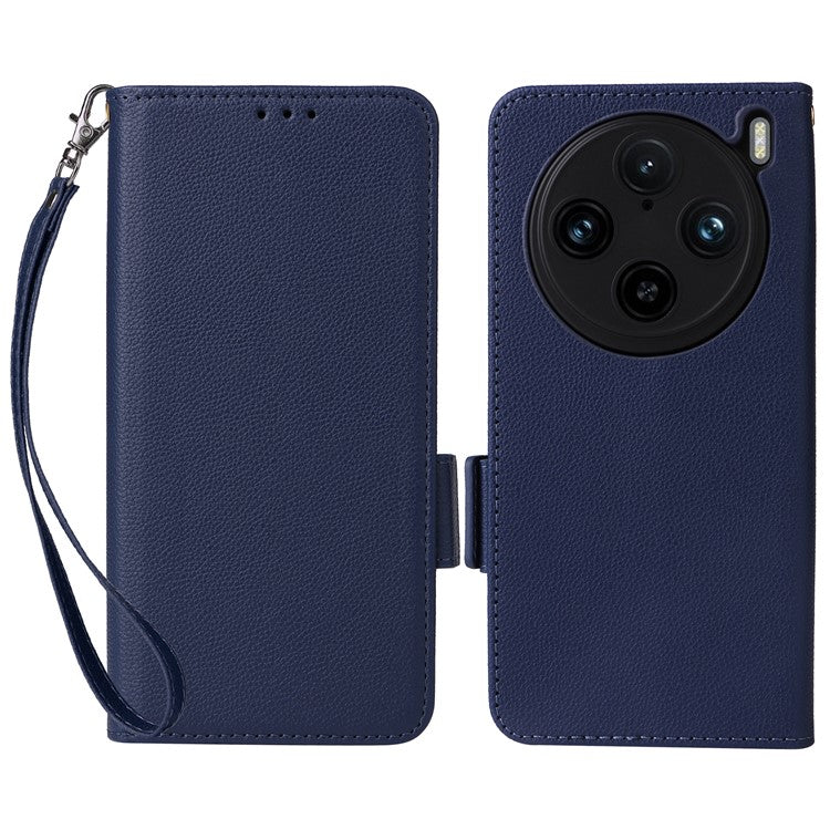 For vivo X100 Pro 5G  Case Card Slots Shockproof Phone Cover with Litchi Texture - Dark Blue