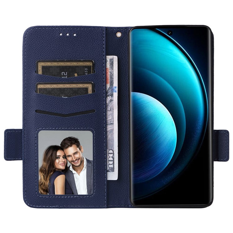 For vivo X100 Pro 5G  Case Card Slots Shockproof Phone Cover with Litchi Texture - Dark Blue