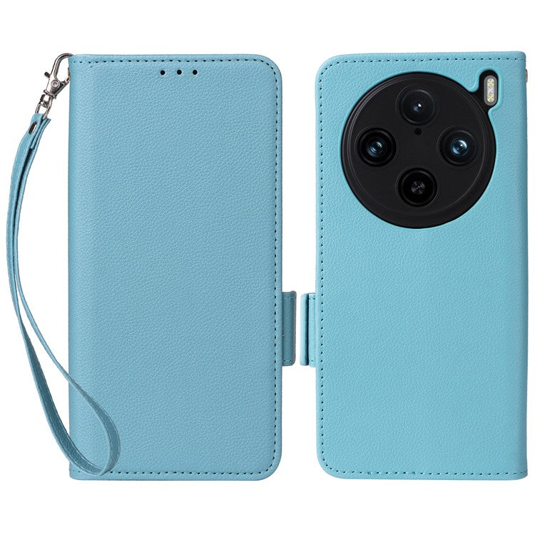 For vivo X100 Pro 5G  Case Card Slots Shockproof Phone Cover with Litchi Texture - Baby Blue