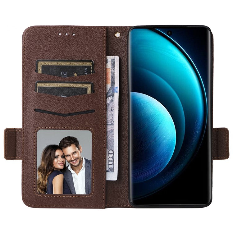 For vivo X100 Pro 5G  Case Card Slots Shockproof Phone Cover with Litchi Texture - Brown