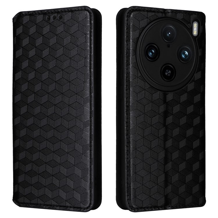 For vivo X100 Pro 5G Case Magnetic Closure Wallet Phone Protector Rhombus Pattern - Black