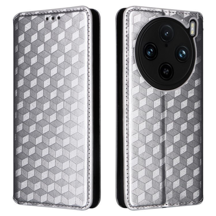 For vivo X100 Pro 5G Case Magnetic Closure Wallet Phone Protector Rhombus Pattern - Silver