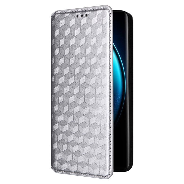 For vivo X100 Pro 5G Case Magnetic Closure Wallet Phone Protector Rhombus Pattern - Silver