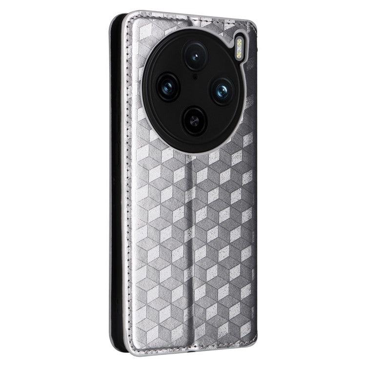 For vivo X100 Pro 5G Case Magnetic Closure Wallet Phone Protector Rhombus Pattern - Silver