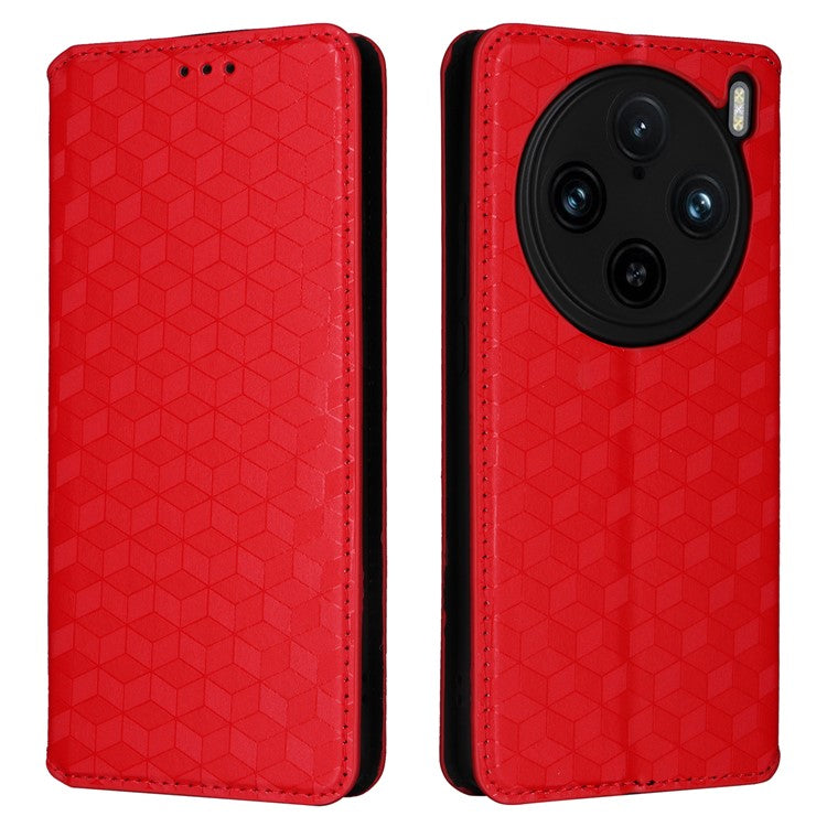 For vivo X100 Pro 5G Case Magnetic Closure Wallet Phone Protector Rhombus Pattern - Red