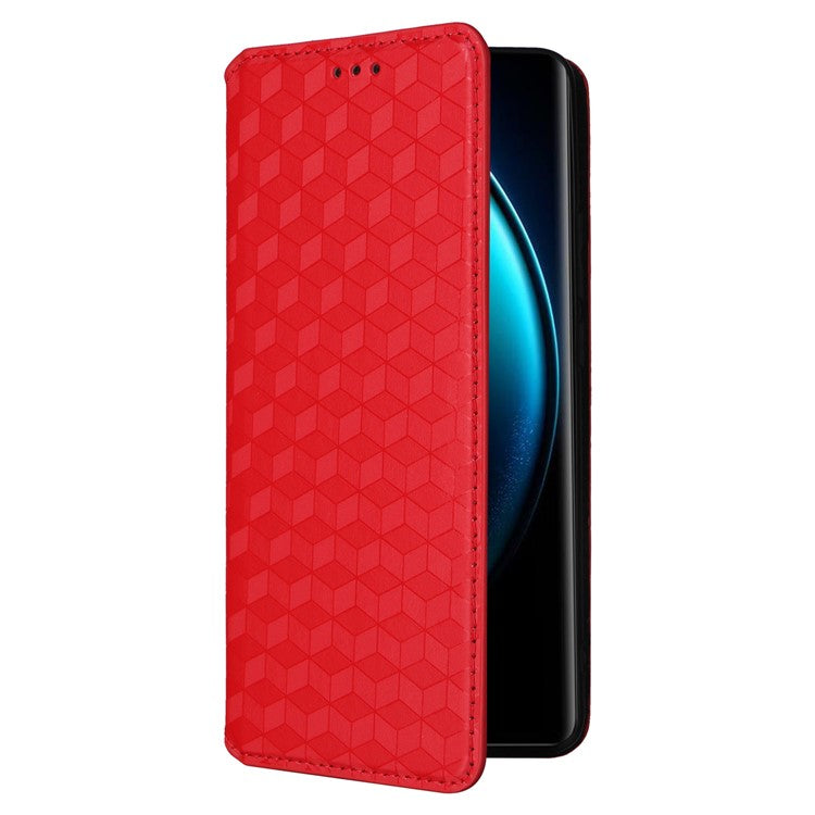 For vivo X100 Pro 5G Case Magnetic Closure Wallet Phone Protector Rhombus Pattern - Red