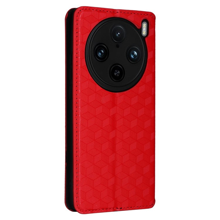 For vivo X100 Pro 5G Case Magnetic Closure Wallet Phone Protector Rhombus Pattern - Red