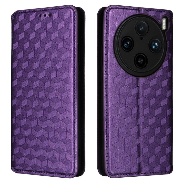 For vivo X100 Pro 5G Case Magnetic Closure Wallet Phone Protector Rhombus Pattern - Purple