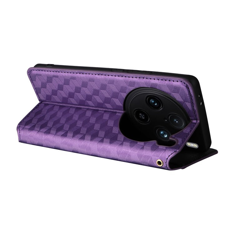 For vivo X100 Pro 5G Case Magnetic Closure Wallet Phone Protector Rhombus Pattern - Purple