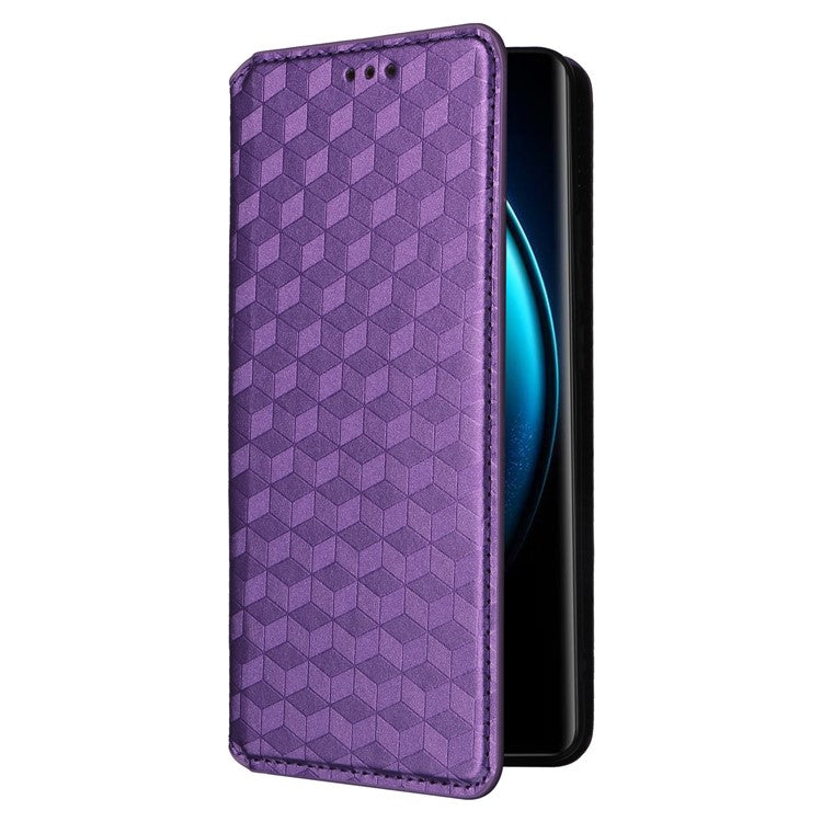 For vivo X100 Pro 5G Case Magnetic Closure Wallet Phone Protector Rhombus Pattern - Purple