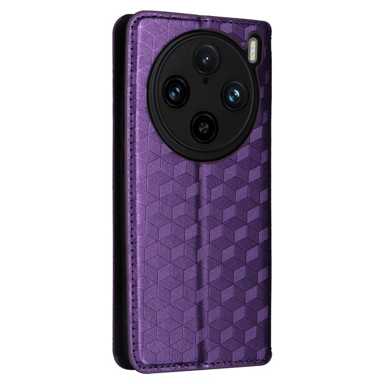 For vivo X100 Pro 5G Case Magnetic Closure Wallet Phone Protector Rhombus Pattern - Purple